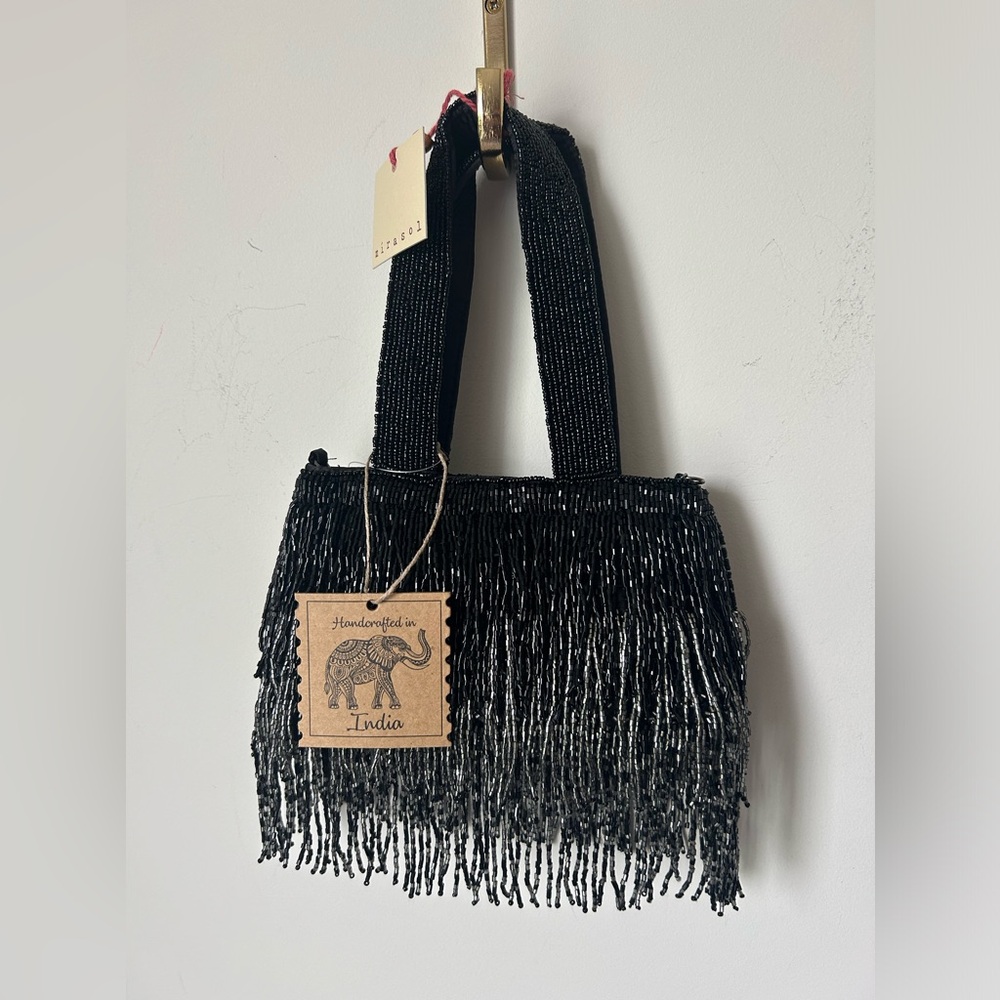 Viral Beaded Fringe Black and Silver Evening Bag